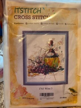 New/Sealed ITSTITCH Cross Stitch Kit J765 Wine 3 Grapes Vino 13x15.7"